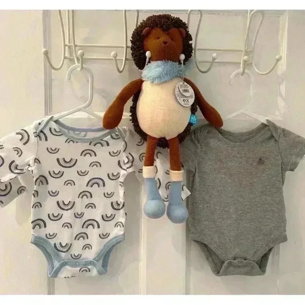 Two 3-6m Baby Boy Onesies and  a Manhattan Toy Company Hedgehog Stuffed Animal